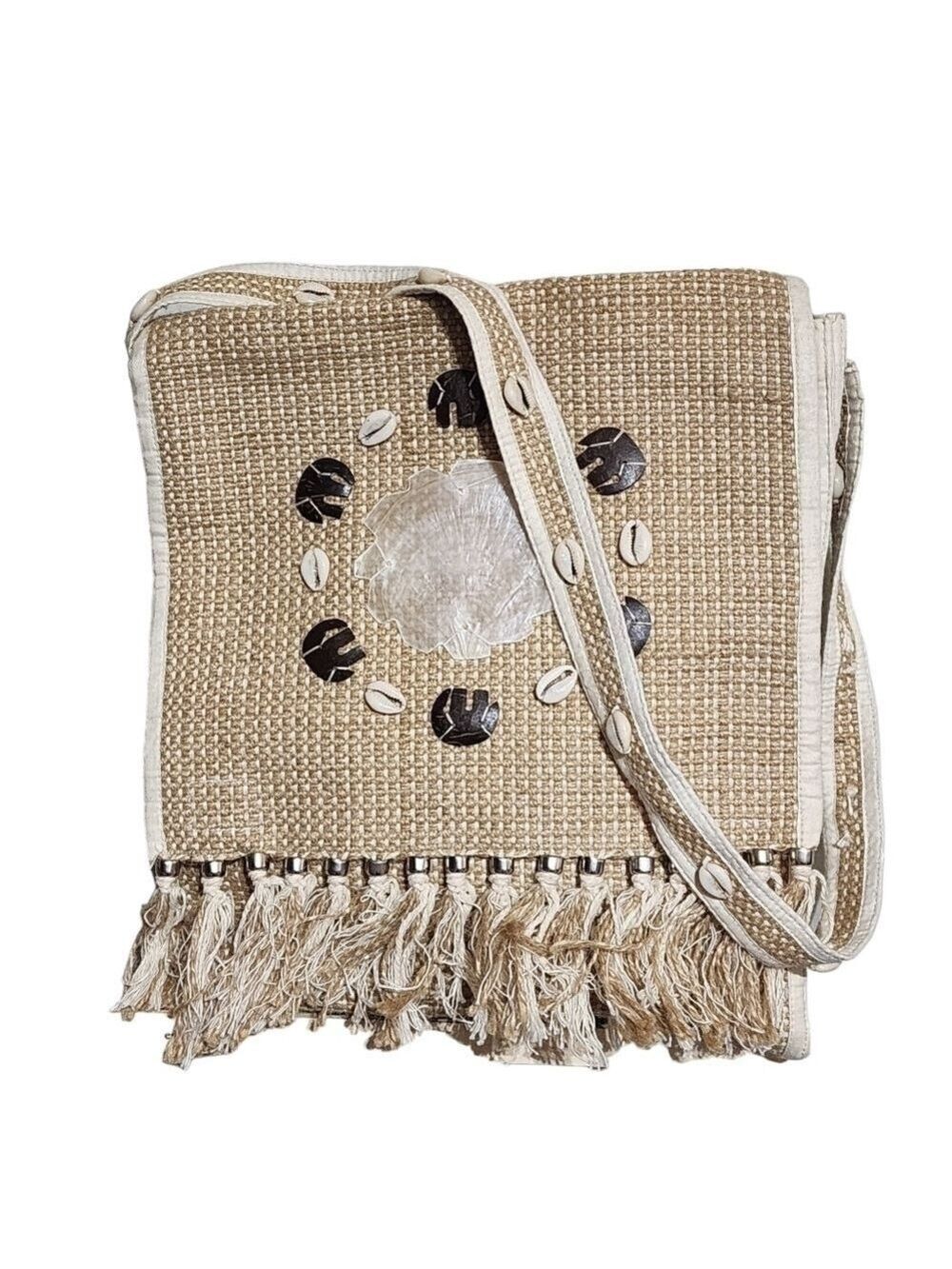 Bangladesh woven shell & carved coconut shell Elephant crossbody with fringe